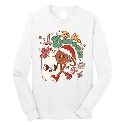 Cute Christmas Tis The Season Retro Cartoon Santa Cookie And Milk Long Sleeve Shirt