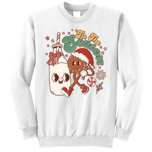 Cute Christmas Tis The Season Retro Cartoon Santa Cookie And Milk Sweatshirt