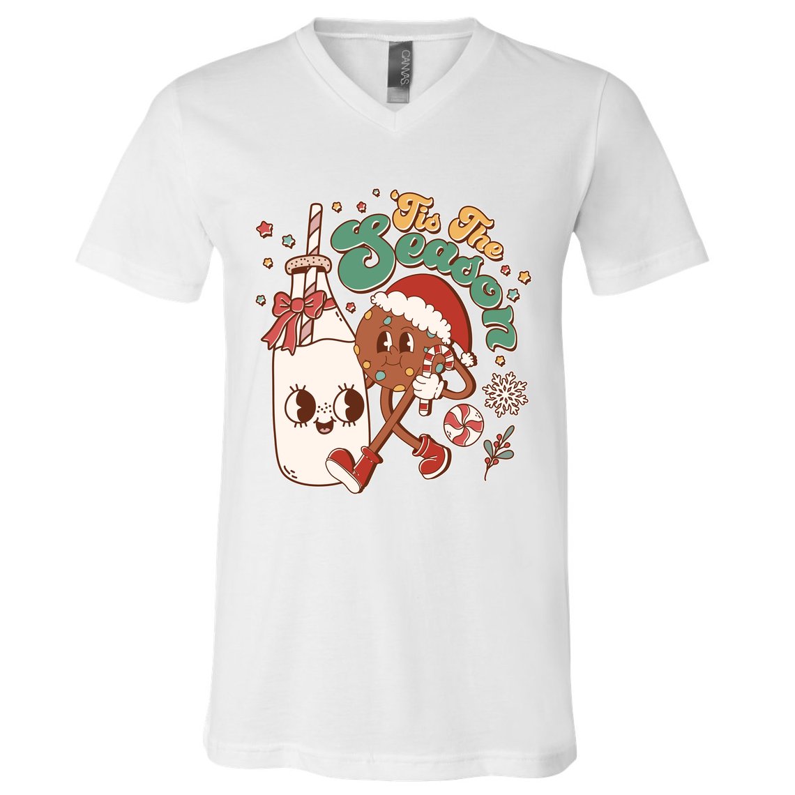 Cute Christmas Tis The Season Retro Cartoon Santa Cookie And Milk V-Neck T-Shirt