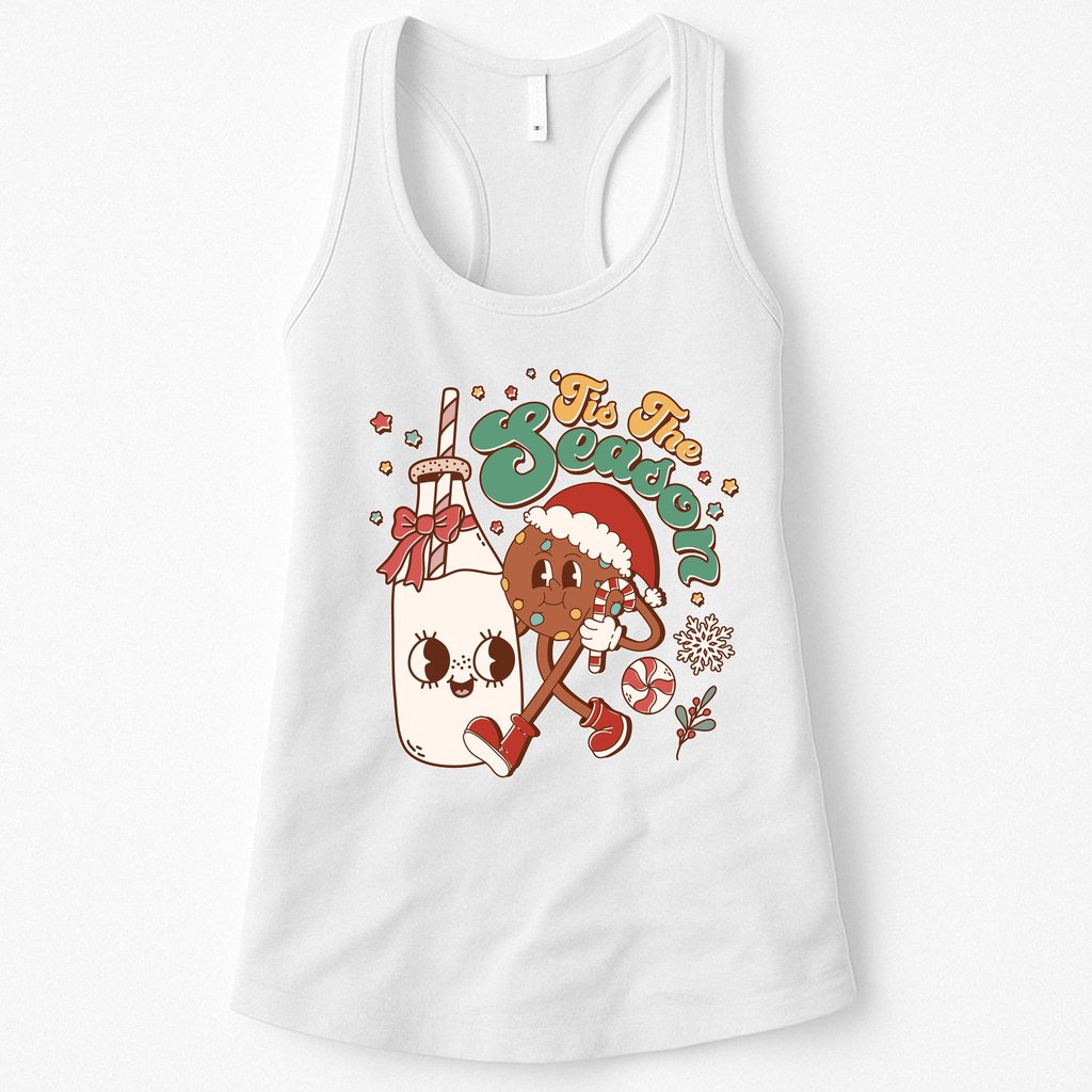 Cute Christmas Tis The Season Retro Cartoon Santa Cookie And Milk Womens Tank Top