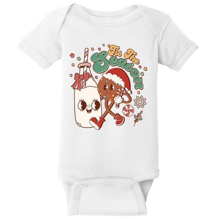 Cute Christmas Tis The Season Retro Cartoon Santa Cookie And Milk Baby Bodysuit