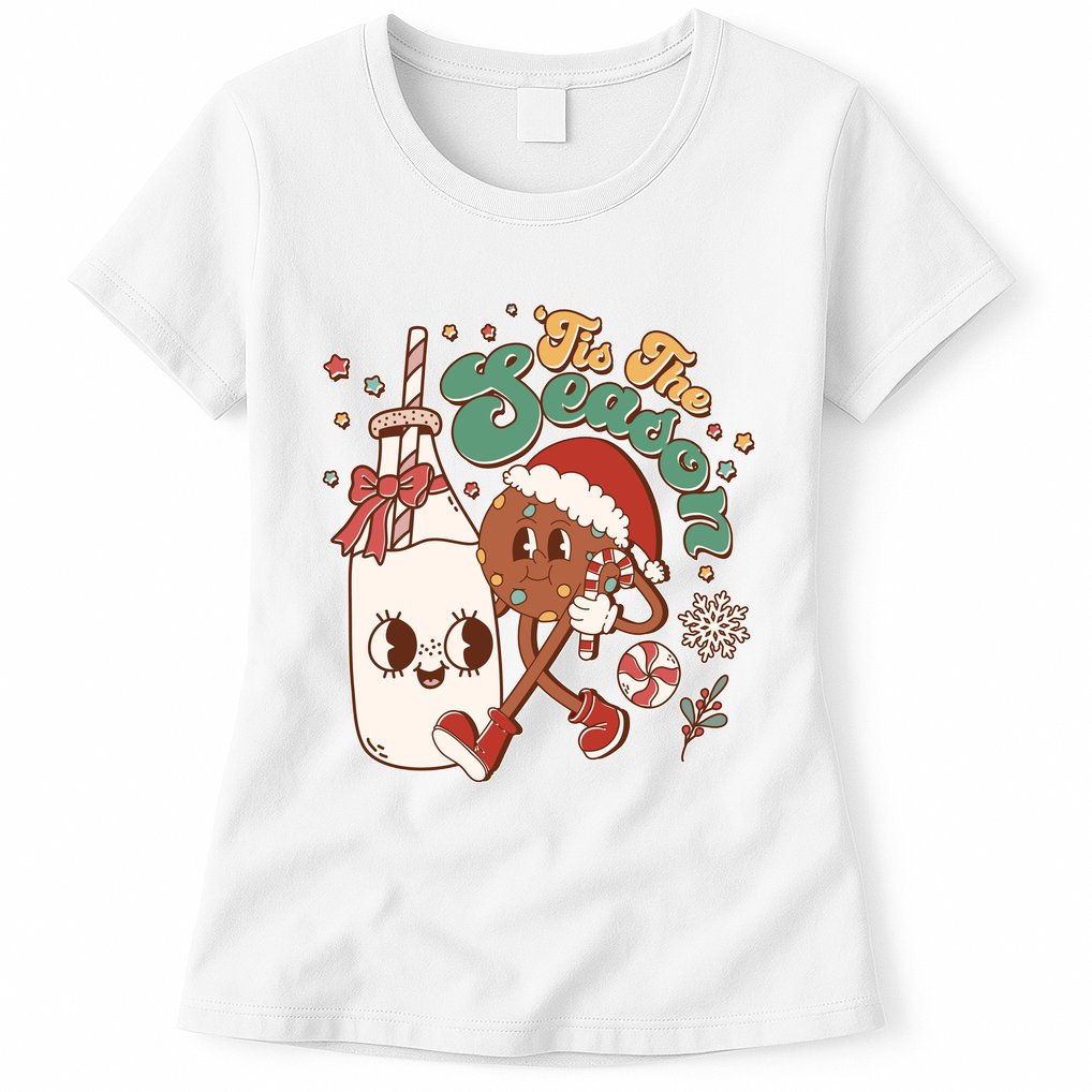 Cute Christmas Tis The Season Retro Cartoon Santa Cookie And Milk Womens T-Shirt
