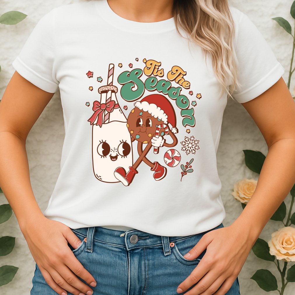 Cute Christmas Tis The Season Retro Cartoon Santa Cookie And Milk Womens T-Shirt
