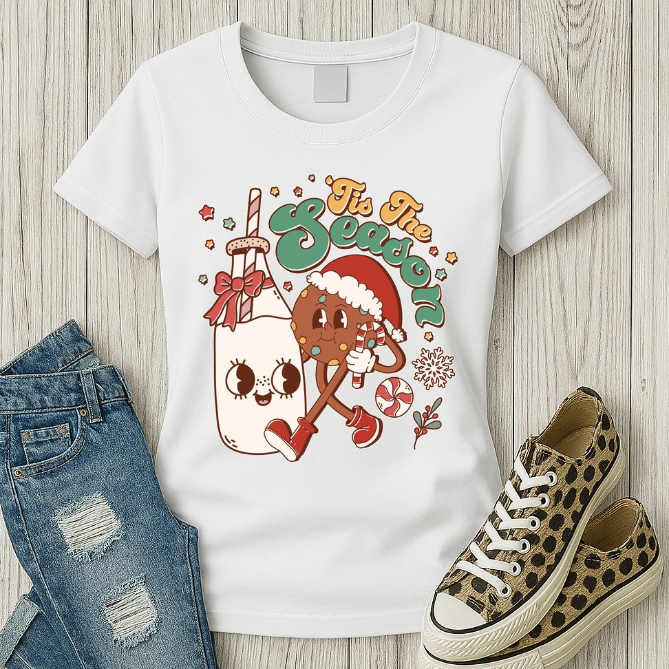 Cute Christmas Tis The Season Retro Cartoon Santa Cookie And Milk Womens T-Shirt