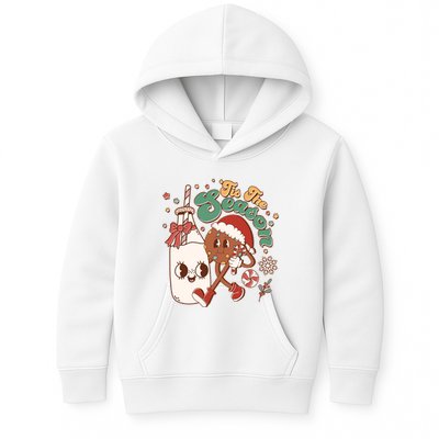 Cute Christmas Tis The Season Retro Cartoon Santa Cookie And Milk Kids Hoodie