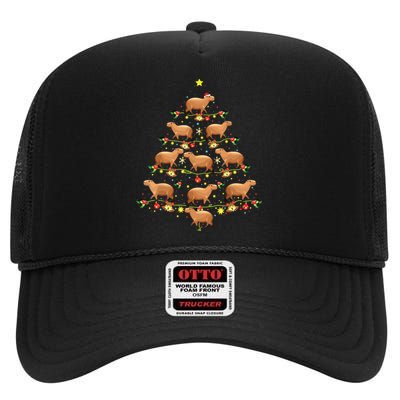 Capybara Christmas Tree Gift Funny Christmas Capybara High Crown Mesh Back Trucker Hat