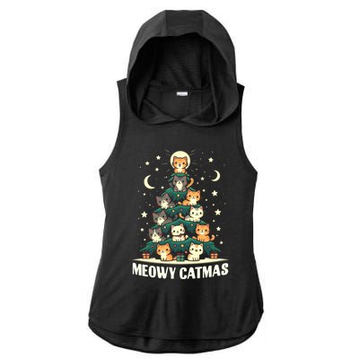 Cat Christmas Tree Xmas Funny Santa Meowy Catmas Ladies PosiCharge Tri-Blend Wicking Draft Hoodie Tank