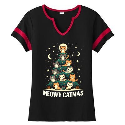 Cat Christmas Tree Xmas Funny Santa Meowy Catmas Ladies Halftime Notch Neck Tee