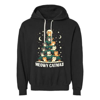Cat Christmas Tree Xmas Funny Santa Meowy Catmas Garment-Dyed Fleece Hoodie