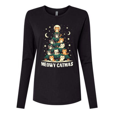 Cat Christmas Tree Xmas Funny Santa Meowy Catmas Womens Cotton Relaxed Long Sleeve T-Shirt