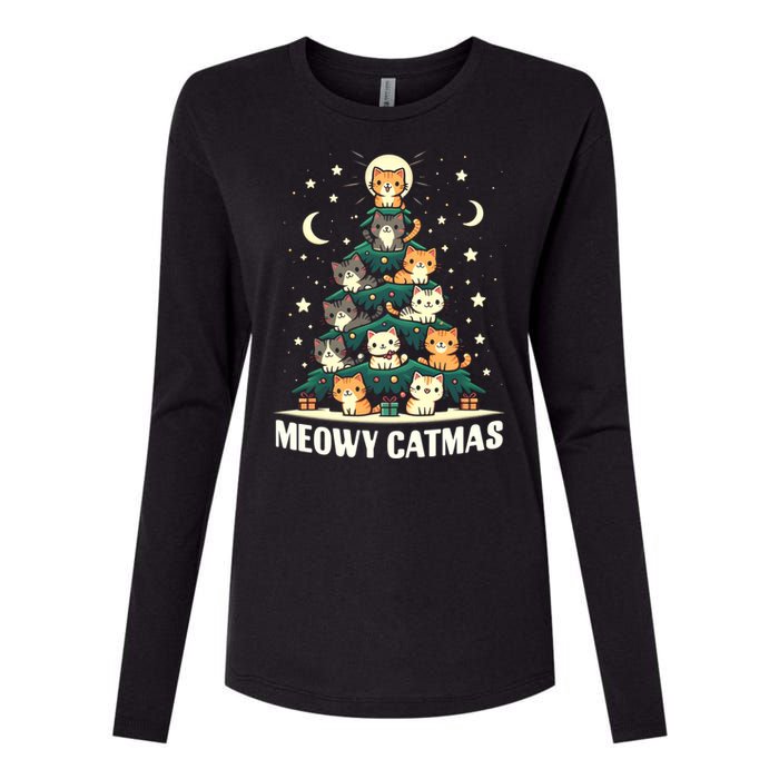 Cat Christmas Tree Xmas Funny Santa Meowy Catmas Womens Cotton Relaxed Long Sleeve T-Shirt