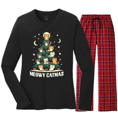 Cat Christmas Tree Xmas Funny Santa Meowy Catmas Women's Long Sleeve Flannel Pajama Set 