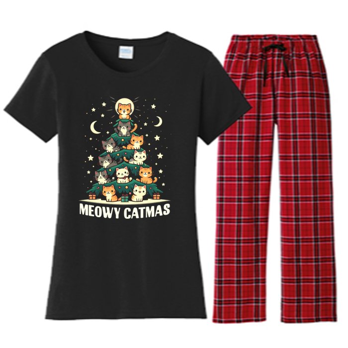 Cat Christmas Tree Xmas Funny Santa Meowy Catmas Women's Flannel Pajama Set