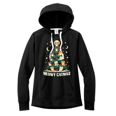 Cat Christmas Tree Xmas Funny Santa Meowy Catmas Women's Fleece Hoodie