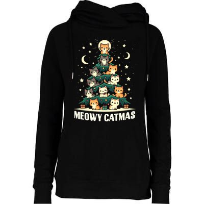 Cat Christmas Tree Xmas Funny Santa Meowy Catmas Womens Funnel Neck Pullover Hood