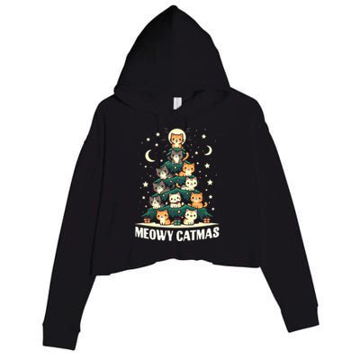 Cat Christmas Tree Xmas Funny Santa Meowy Catmas Crop Fleece Hoodie