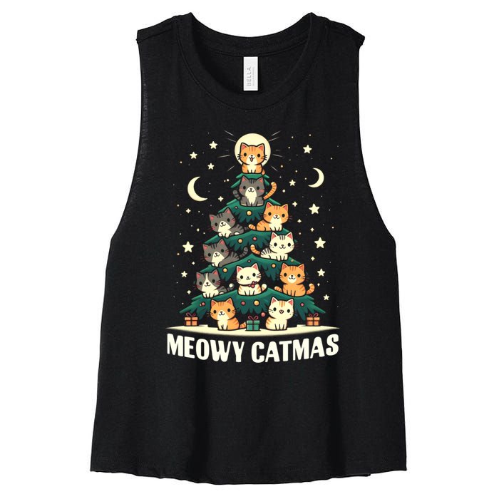 Cat Christmas Tree Xmas Funny Santa Meowy Catmas Women's Racerback Cropped Tank