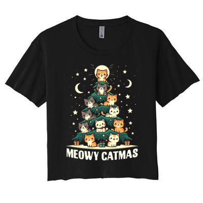 Cat Christmas Tree Xmas Funny Santa Meowy Catmas Women's Crop Top Tee