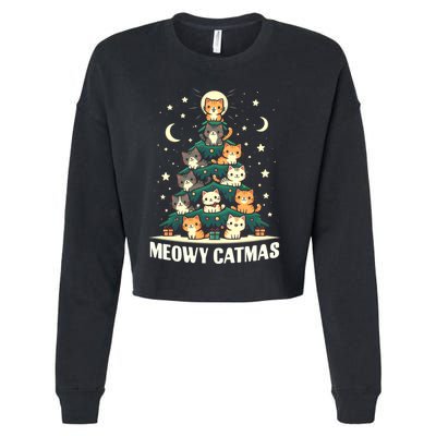 Cat Christmas Tree Xmas Funny Santa Meowy Catmas Cropped Pullover Crew