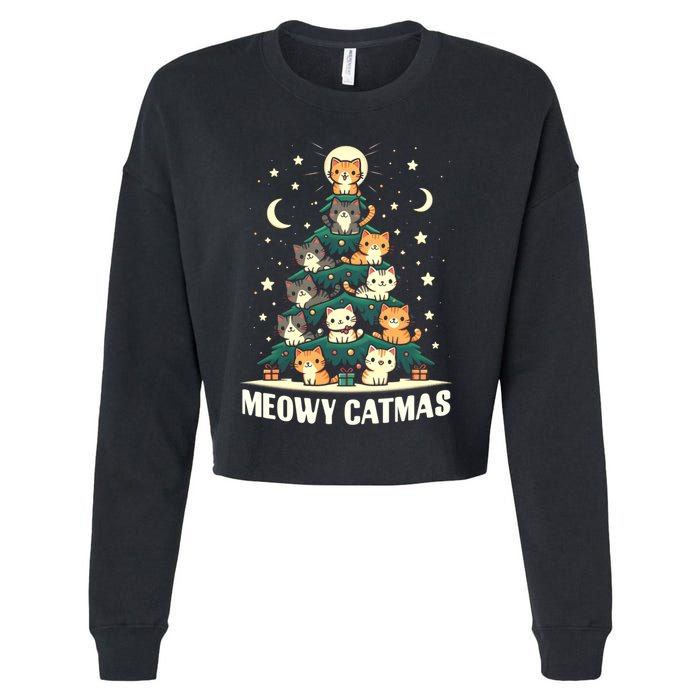 Cat Christmas Tree Xmas Funny Santa Meowy Catmas Cropped Pullover Crew