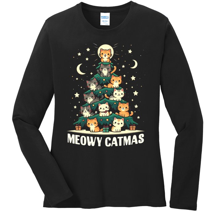 Cat Christmas Tree Xmas Funny Santa Meowy Catmas Ladies Long Sleeve Shirt