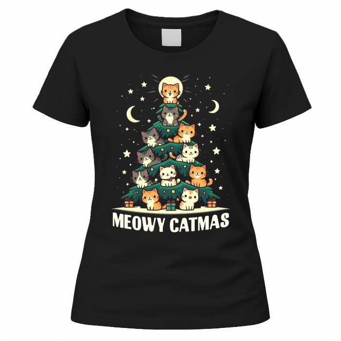 Cat Christmas Tree Xmas Funny Santa Meowy Catmas Women's T-Shirt