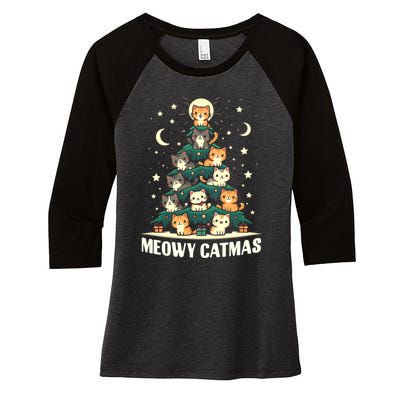 Cat Christmas Tree Xmas Funny Santa Meowy Catmas Women's Tri-Blend 3/4-Sleeve Raglan Shirt