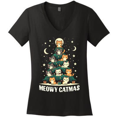 Cat Christmas Tree Xmas Funny Santa Meowy Catmas Women's V-Neck T-Shirt