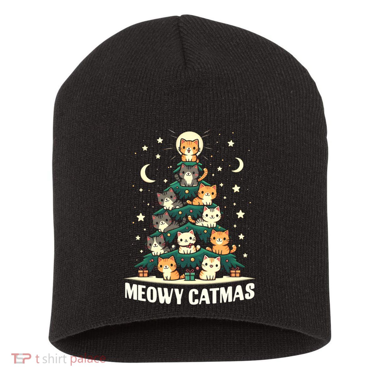 Cat Christmas Tree Xmas Funny Santa Meowy Catmas Short Acrylic Beanie