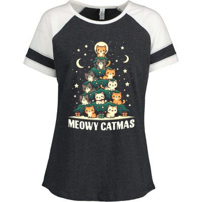 Cat Christmas Tree Xmas Funny Santa Meowy Catmas Enza Ladies Jersey Colorblock Tee