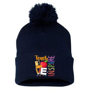 Cute Colorful Teach Love Inspire Pom Pom 12in Knit Beanie