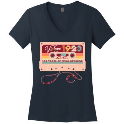 Cute Cassette Tape Limited Edition Vintage 1923 100 Years Of Being Awesome Women's V-Neck T-Shirt