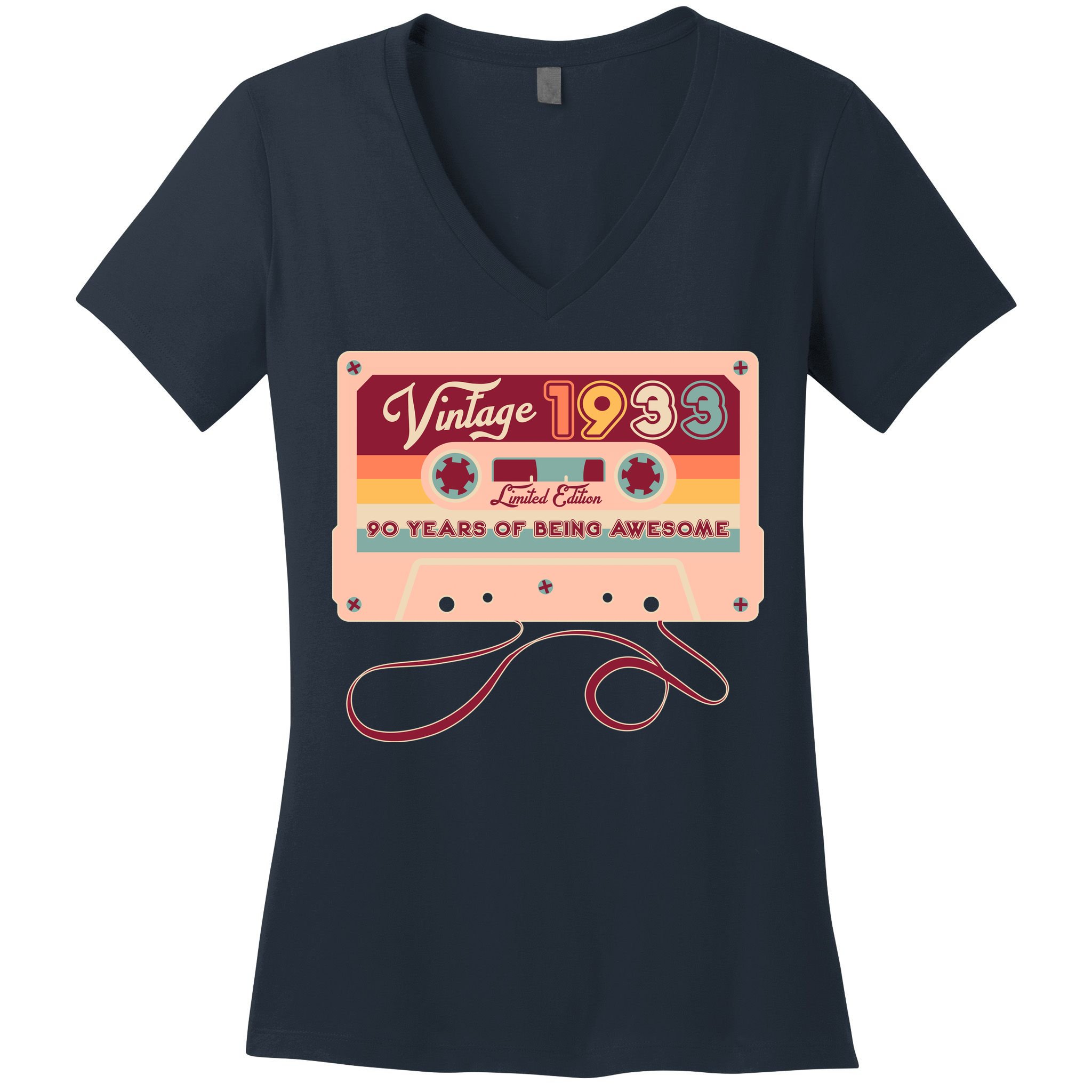 Cute Cassette Tape Limited Edition Vintage 1933 90 Years Of Being Awesome Women's V-Neck T-Shirt
