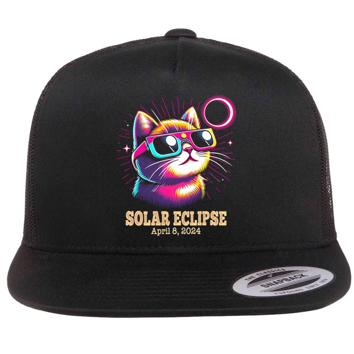 Cute Cat Total Solar Eclipse April 8 2024 Flat Bill Trucker Hat