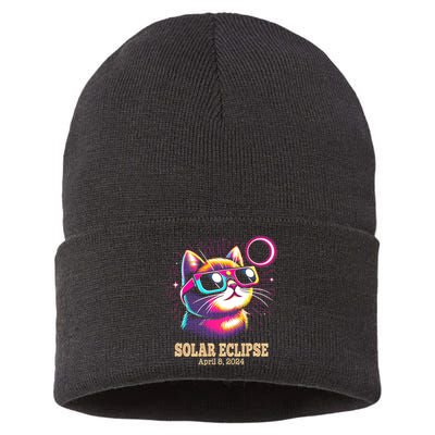 Cute Cat Total Solar Eclipse April 8 2024 Sustainable Knit Beanie