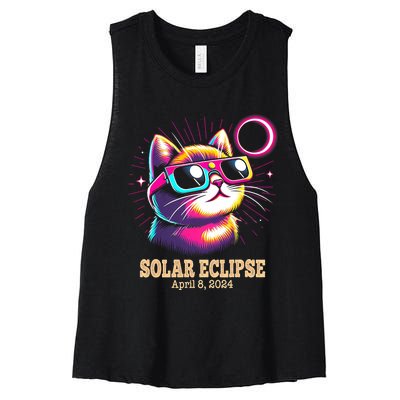 Cute Cat Total Solar Eclipse April 8 2024 Women's Racerback Cropped Tank