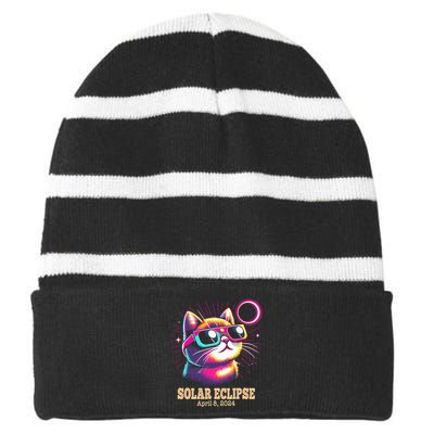 Cute Cat Total Solar Eclipse April 8 2024 Striped Beanie with Solid Band