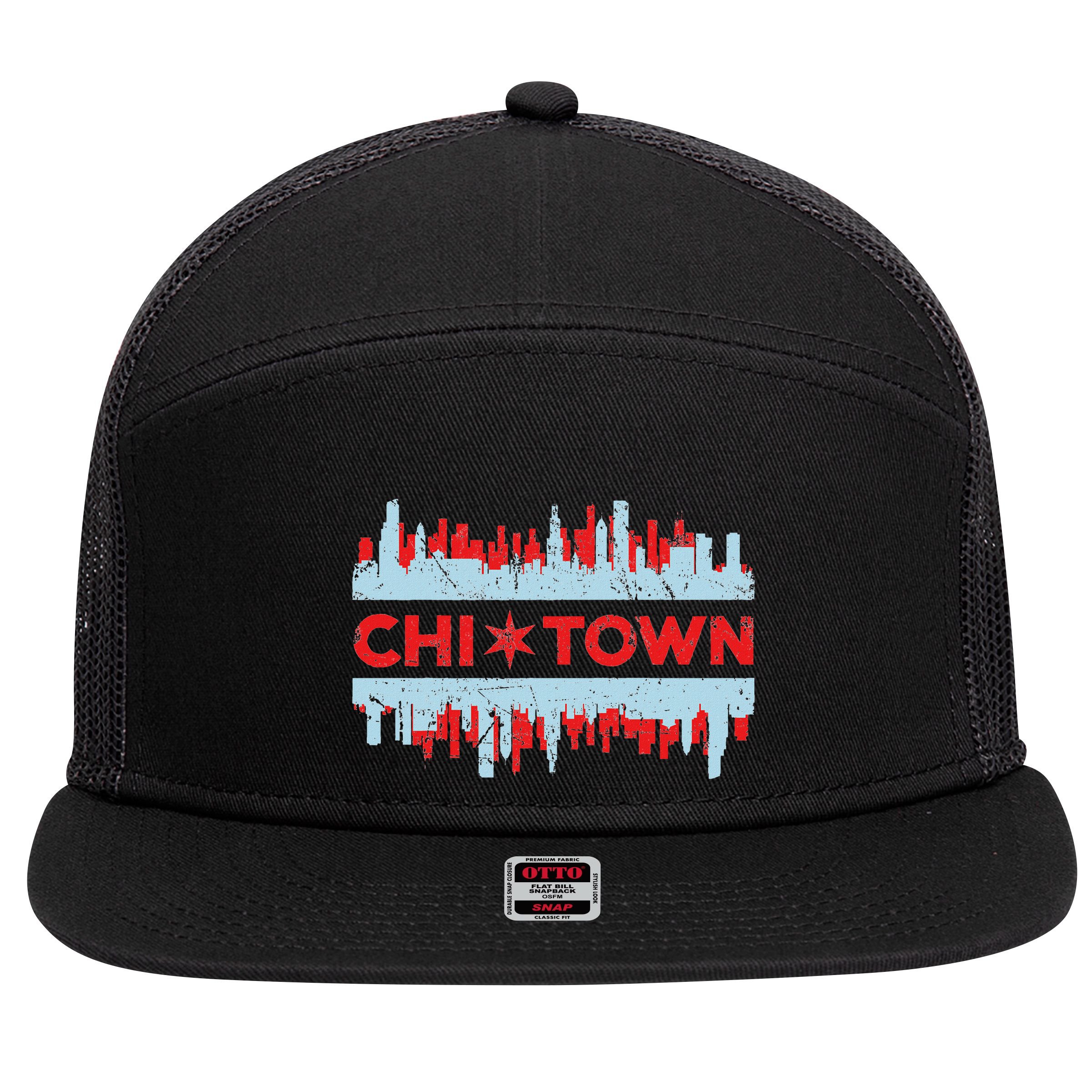 Chicago Chi Town Flag Skyline 7 Panel Mesh Trucker Snapback Hat