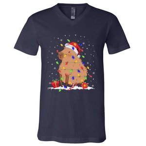 Capybara Christmas Tree Lights Santa Hat Funny Xmas 2023 V-Neck T-Shirt