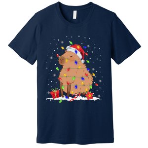 Capybara Christmas Tree Lights Santa Hat Funny Xmas 2023 Premium T-Shirt