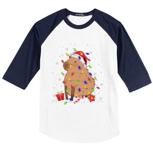 Capybara Christmas Tree Lights Santa Hat Funny Xmas 2023 Baseball Sleeve Shirt