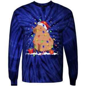 Capybara Christmas Tree Lights Santa Hat Funny Xmas 2023 Tie-Dye Long Sleeve Shirt