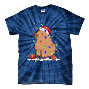 Capybara Christmas Tree Lights Santa Hat Funny Xmas 2023 Tie-Dye T-Shirt