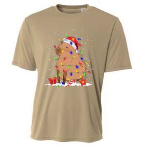 Capybara Christmas Tree Lights Santa Hat Funny Xmas 2023 Cooling Performance Crew T-Shirt