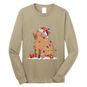 Capybara Christmas Tree Lights Santa Hat Funny Xmas 2023 Long Sleeve Shirt