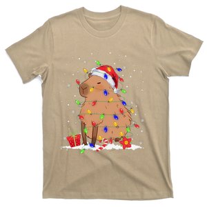 Capybara Christmas Tree Lights Santa Hat Funny Xmas 2023 T-Shirt