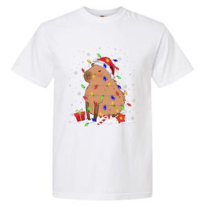 Capybara Christmas Tree Lights Santa Hat Funny Xmas 2023 Garment-Dyed Heavyweight T-Shirt