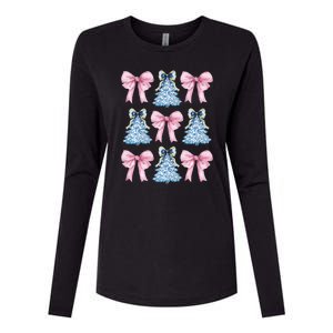 Chinoiserie Christmas Tree Coquette Bow Grandmillennial Womens Cotton Relaxed Long Sleeve T-Shirt