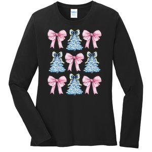 Chinoiserie Christmas Tree Coquette Bow Grandmillennial Ladies Long Sleeve Shirt