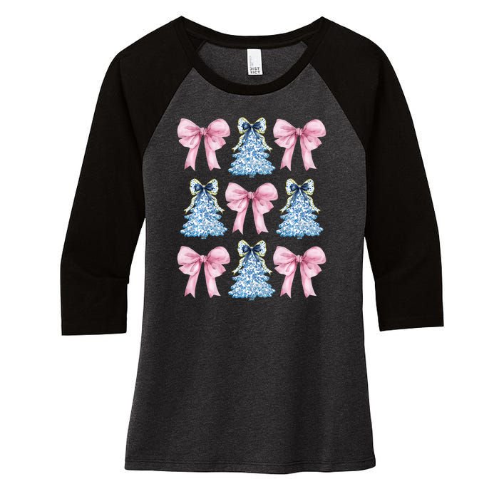 Chinoiserie Christmas Tree Coquette Bow Grandmillennial Women's Tri-Blend 3/4-Sleeve Raglan Shirt